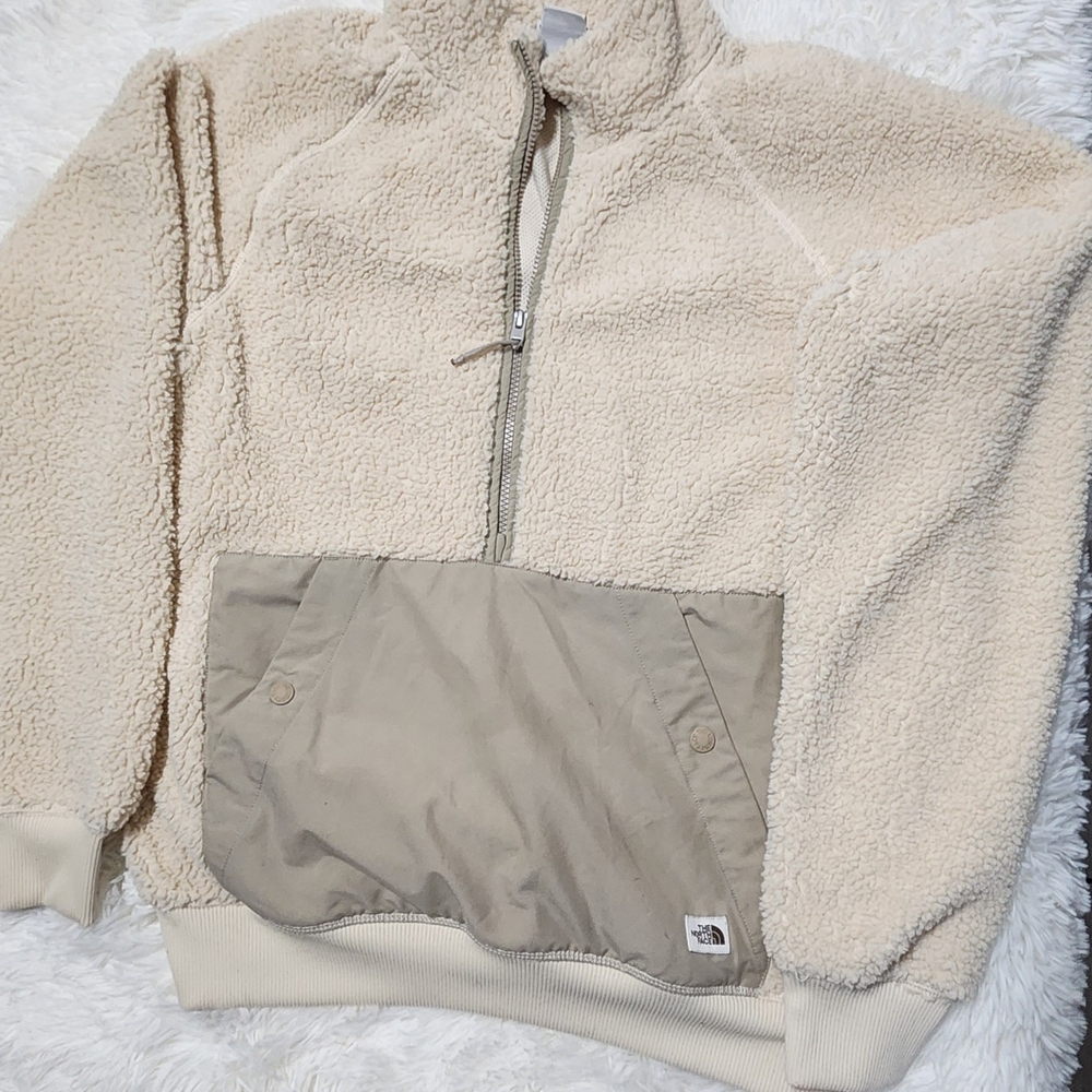 Cream Sherpa Fleece Jacket with Tan Pocket